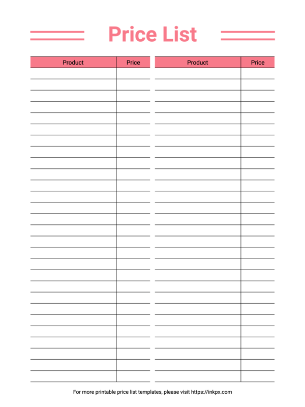 Free Printable Colored Blank Table Style Price List Template