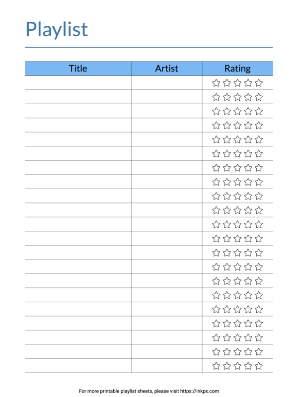 Free Printable Blue Color Simple Playlist Sheet Template