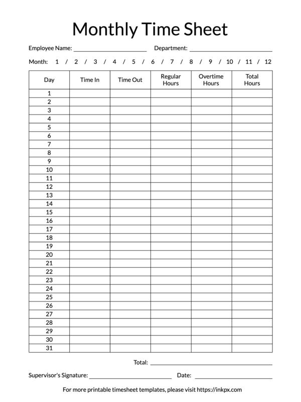 Printable Simple Monthly Time Sheet Template