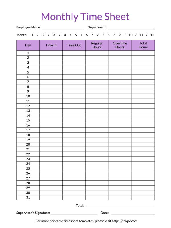 Printable Colored Monthly Time Sheet Template · InkPx