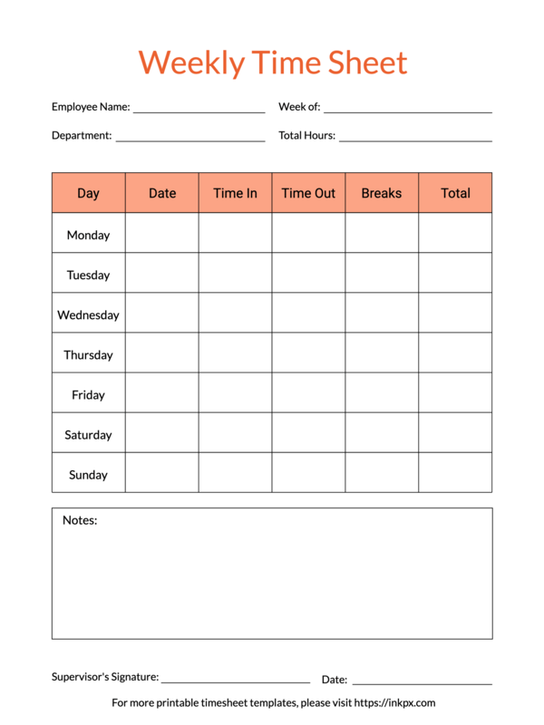 Printable Colored Weekly Time Sheet Template