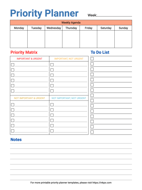 Free Printable Colorful Simple Weekly Priority Planner Template