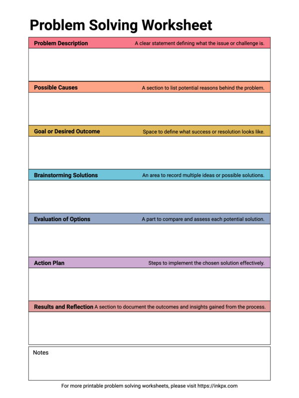 Free Printable Colorful Table Style Problem Solving Worksheet