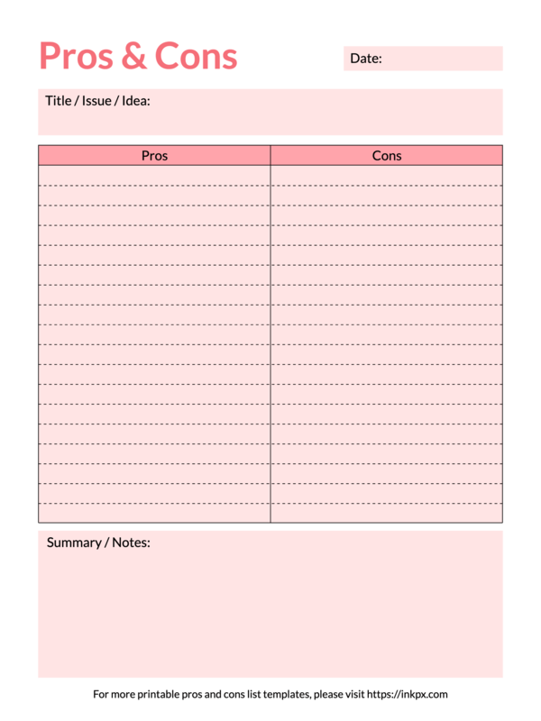 Free Printable Simple Colored Lined Pros and Cons Template