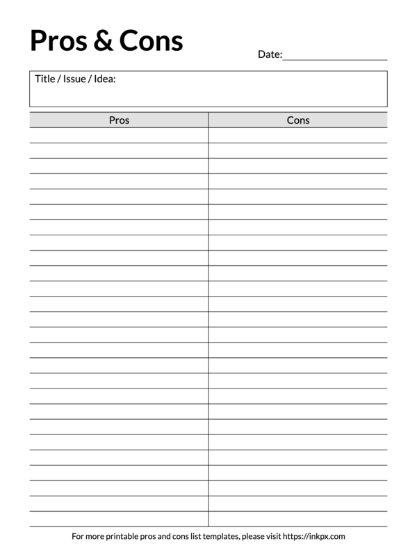 Free Printable Minimalist Borderless Lined Pros and Cons Template