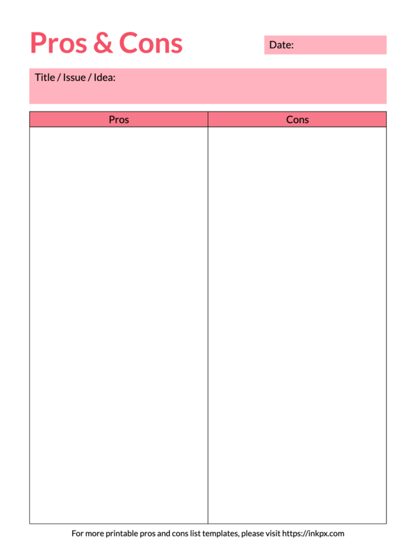 Free Printable Minimalist Colored Pros and Cons Template