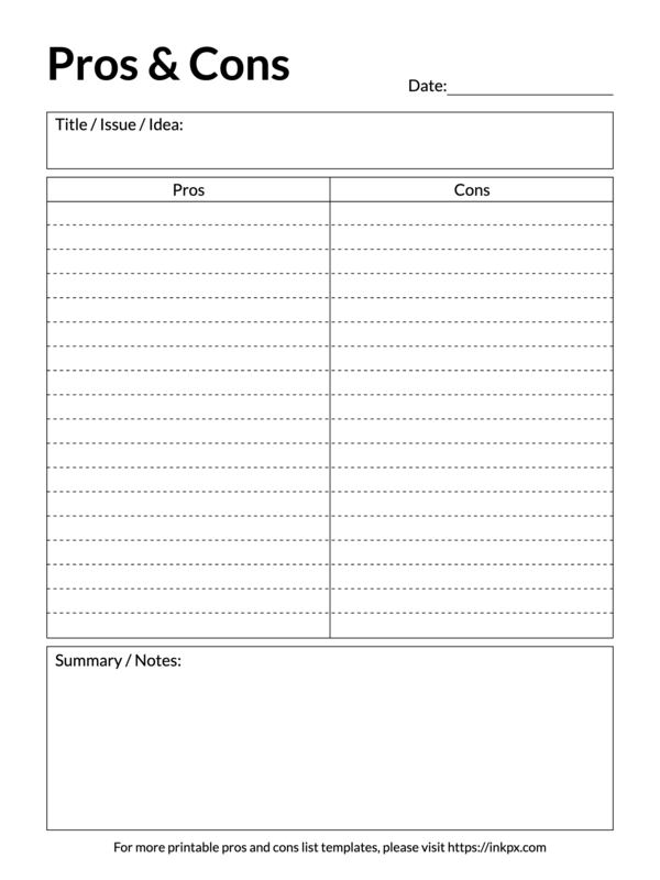 Free Printable Simple Lined Pros and Cons Template