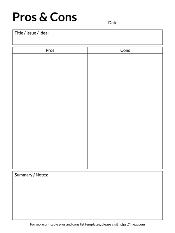 Free Printable Simple Pros and Cons Template