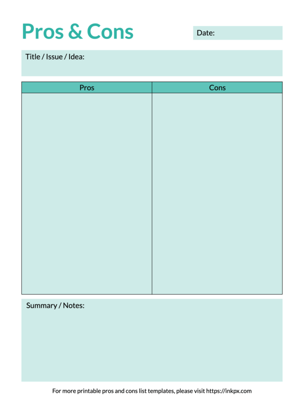 Free Printable Simple Colored Pros and Cons Template