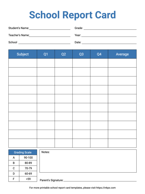 Free Printable Blue Color Simple School Report Card Template