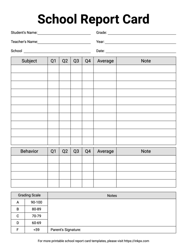 Free Printable School Report Card Template