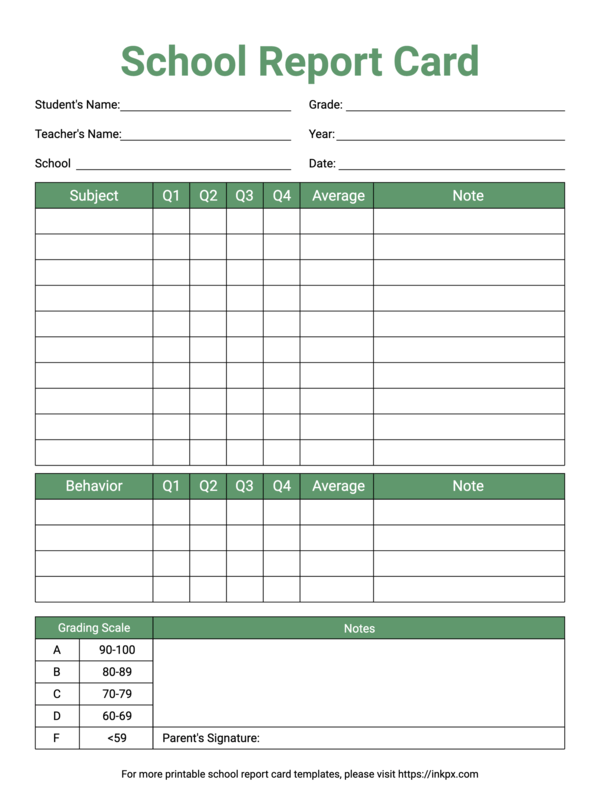 Free Printable Green Color School Report Card Template