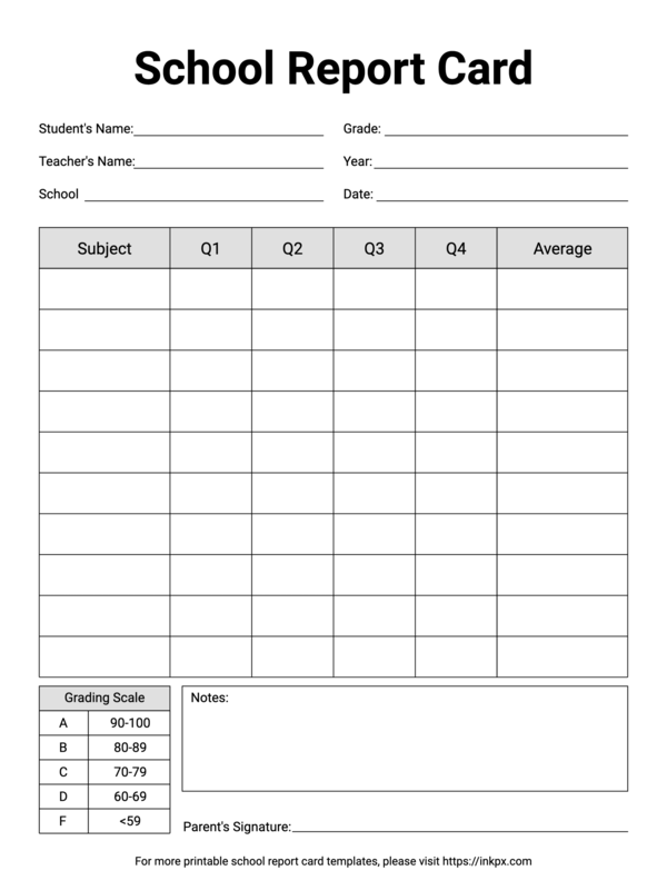 Free Printable Simple School Report Card Template