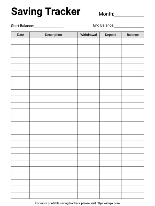 Free Printable Simple Black and White Monthly Saving Tracker Template
