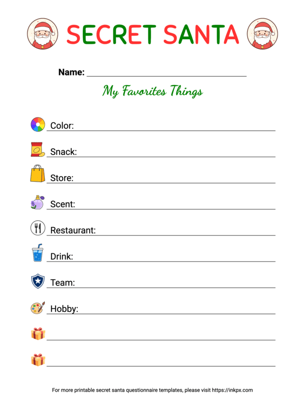 Free Printable Plain Secret Santa Questionnaire Template