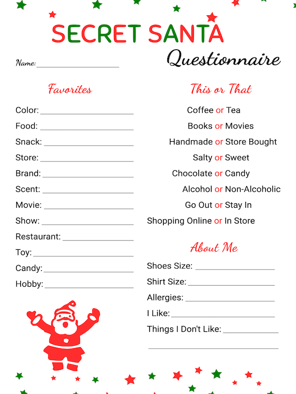Free Printable Clean Style Secret Santa Questionnaire Template · InkPx