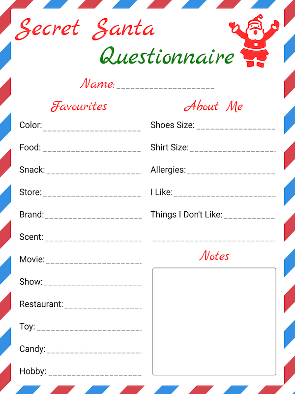 Free Printable Airmail Style Secret Santa Questionnaire