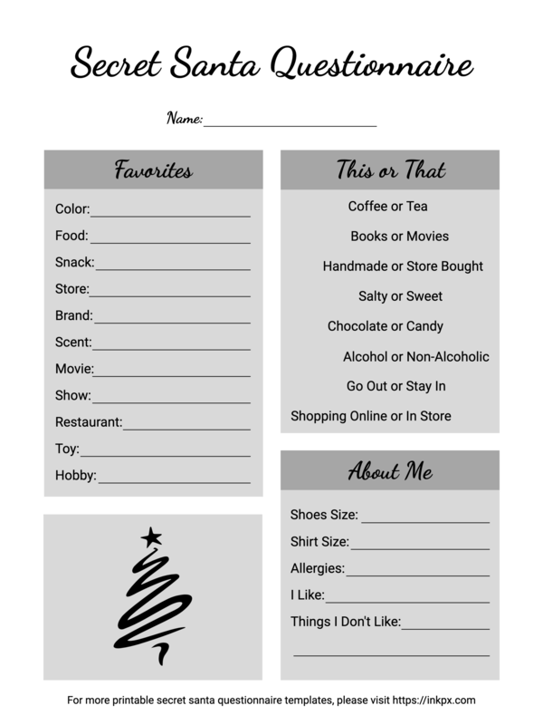 Free Printable Black & White Secret Santa Questionnaire Template