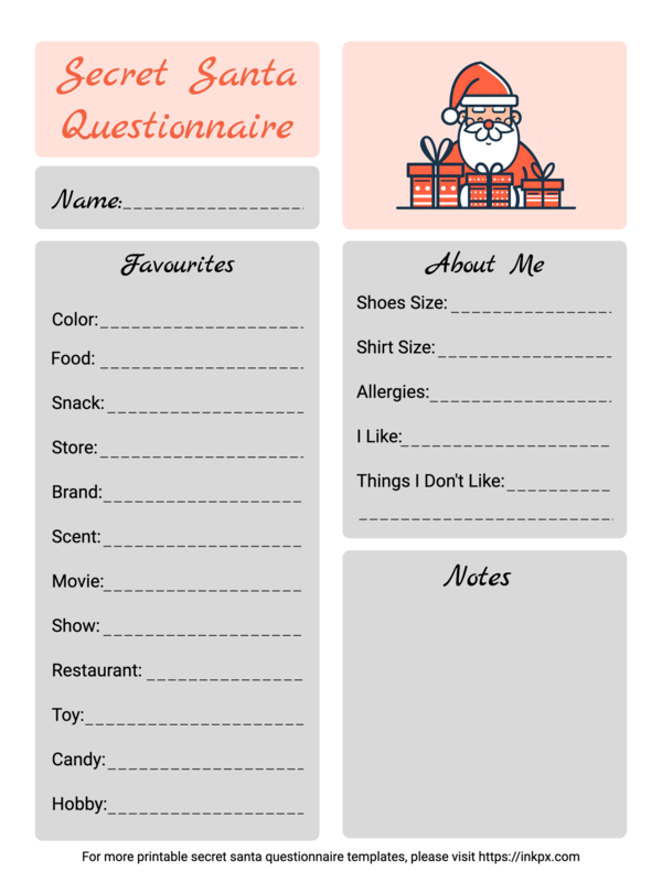 Free Printable Tile Style Secret Santa Questionnaire