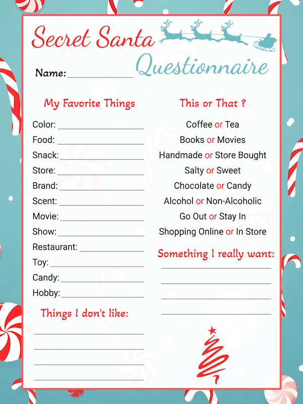 Free Printable Candy Style Secret Santa Questionnaire · InkPx