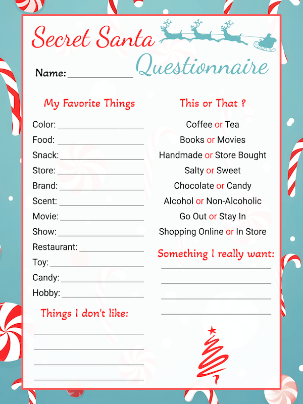 Free Printable Candy Style Secret Santa Questionnaire InkPx