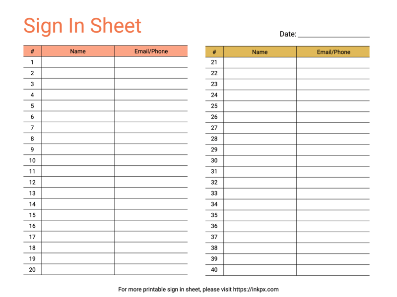Free Printable Colored Compact Landscape Table Style Sign In Sheet Template