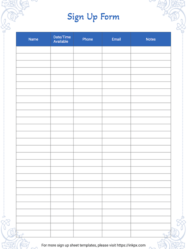 Free Printable Bordered Blank Sign Up Sheet Template