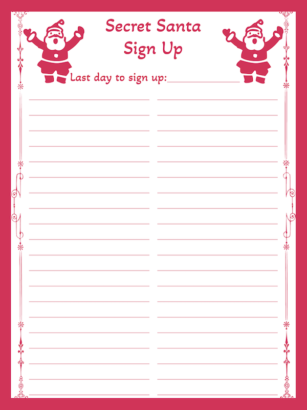 Free Printable Pure Pruple Style Secret Santa Sign Up Sheet Template