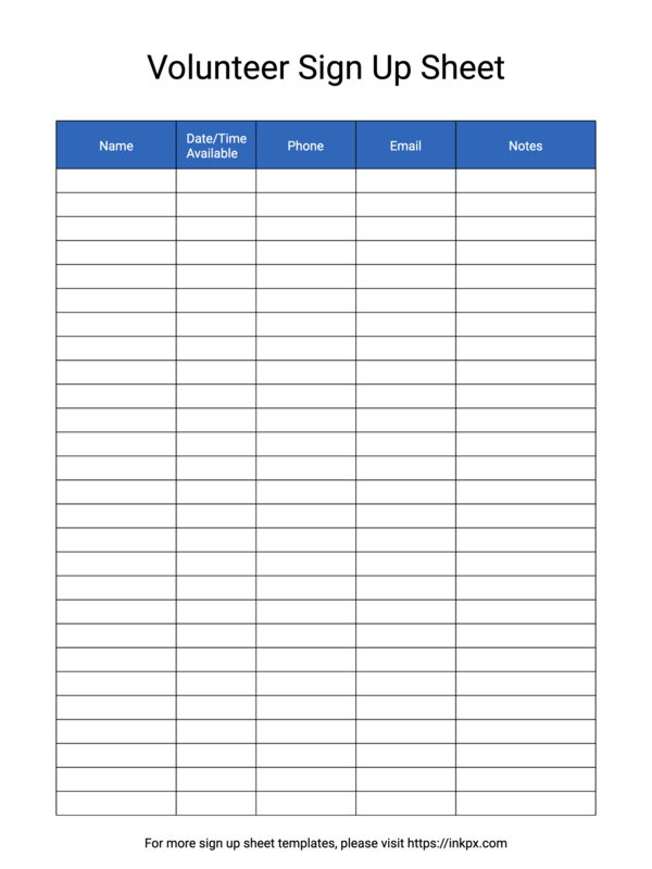 Free Printable Colored Header Style Volunteer Sign Up Sheet Template