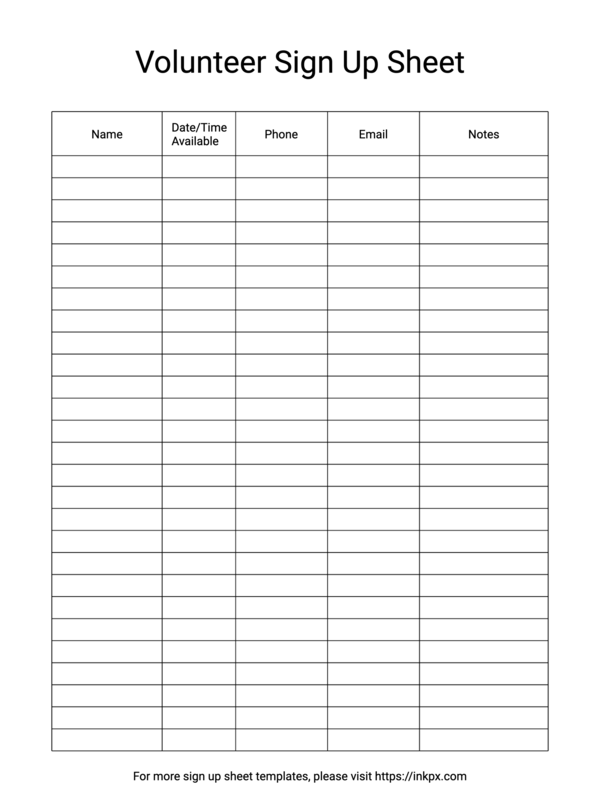 Free Printable Clean Style Volunteer Sign Up Sheet Template