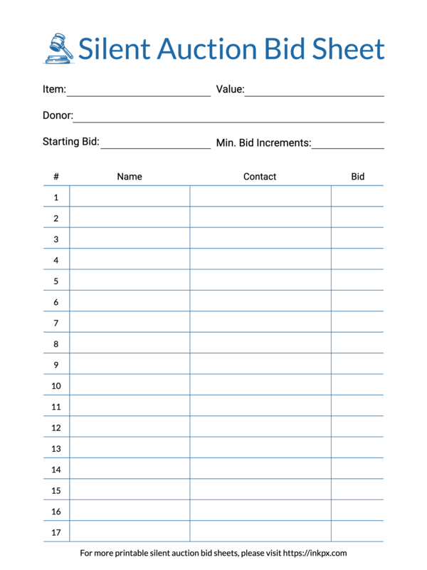 Printable Colored Open Border Table Silent Auction Bid Sheet Template