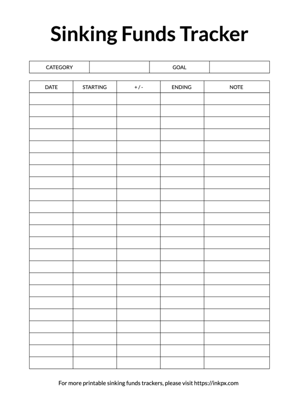 Printable Simple Black White Sinking Funds Tracker Template