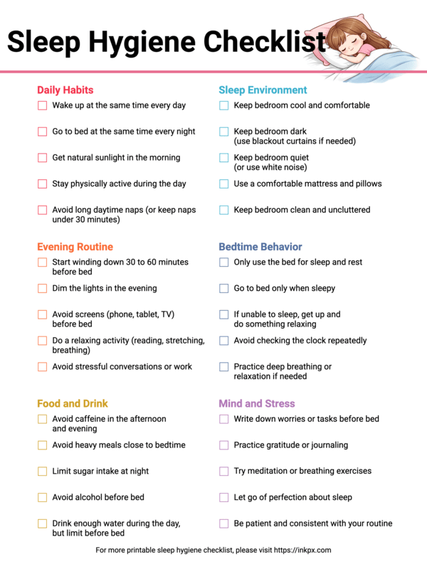 Free Printable Colorful Sleep Hygiene Checklist