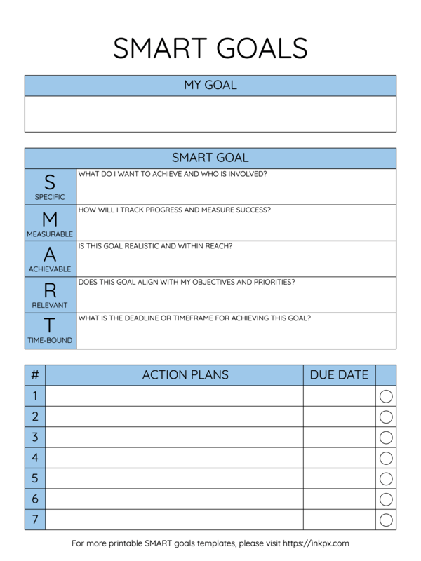 Free Printable Blue Color SMART Goal Template with Planner