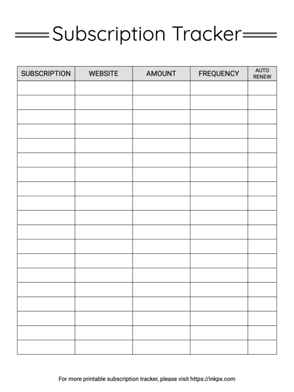 Free Printable Simple Table Style Subscription Tracker Template
