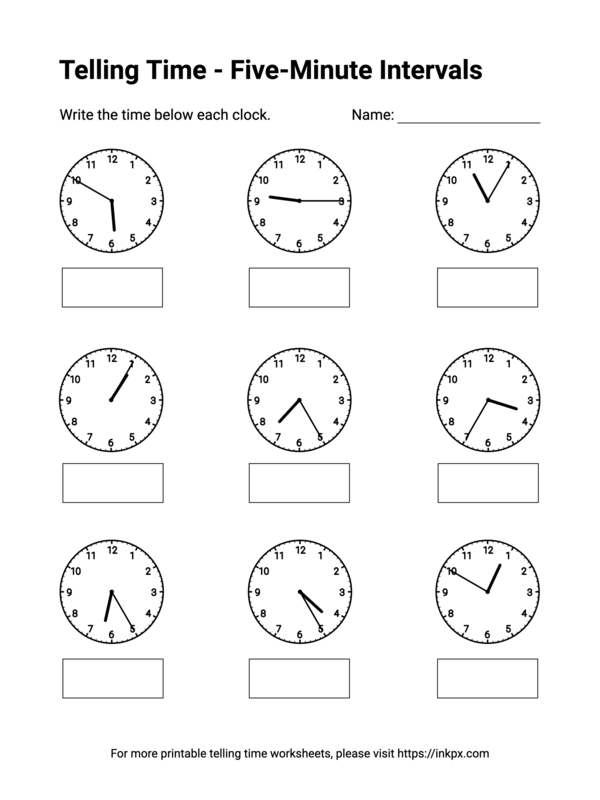 Free Printable Five-Minute Intervals Telling Time Worksheets #4