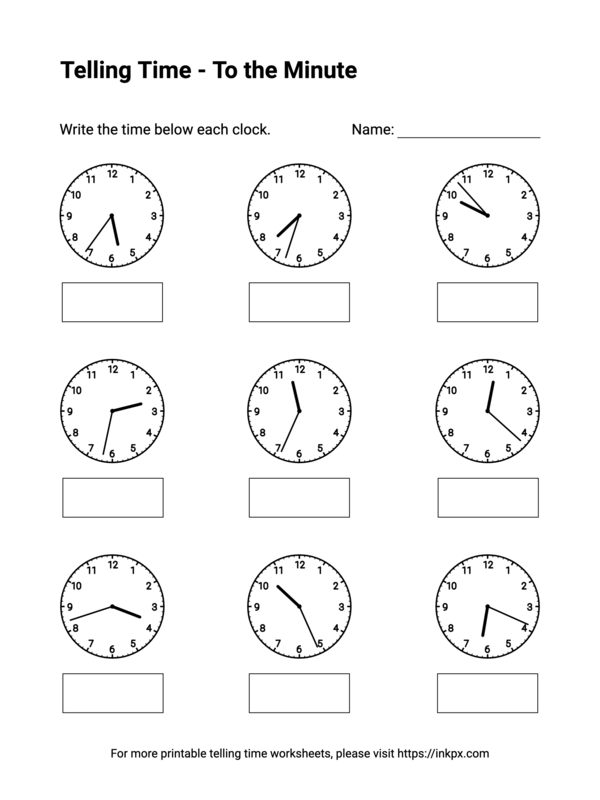 Free Printable To the Minute Telling Time Worksheets #3