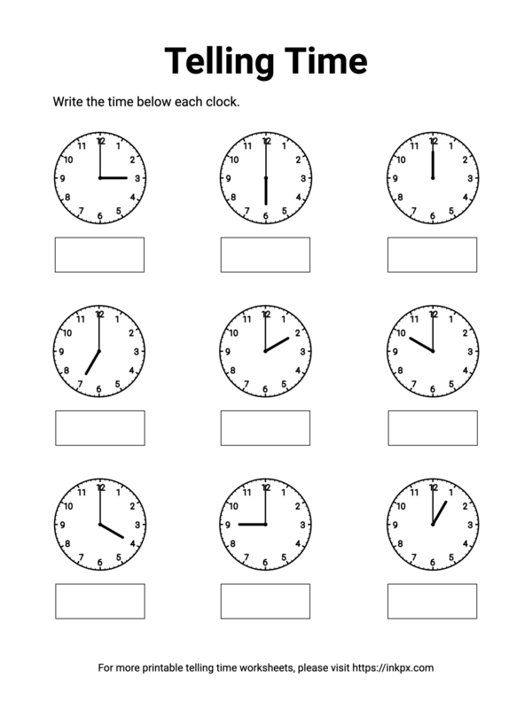 Free Printable Whole Hours Telling Time Worksheet #1