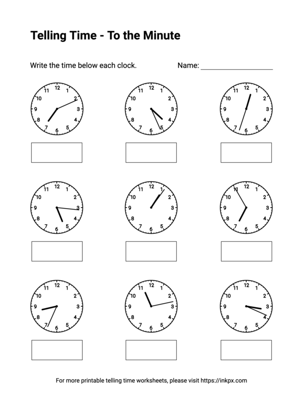 Free Printable To the Minute Telling Time Worksheets #1