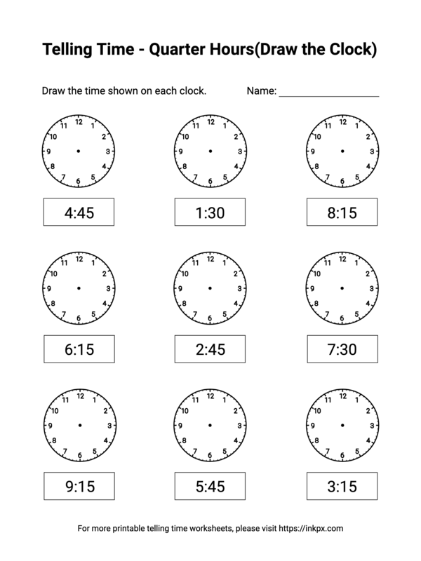Free Printable Quarter Hours(Draw the Clock) Telling Time Worksheets #4