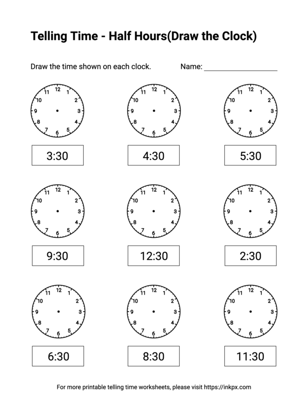 Free Printable Half Hours(Draw the Clock) Telling Time Worksheets #3