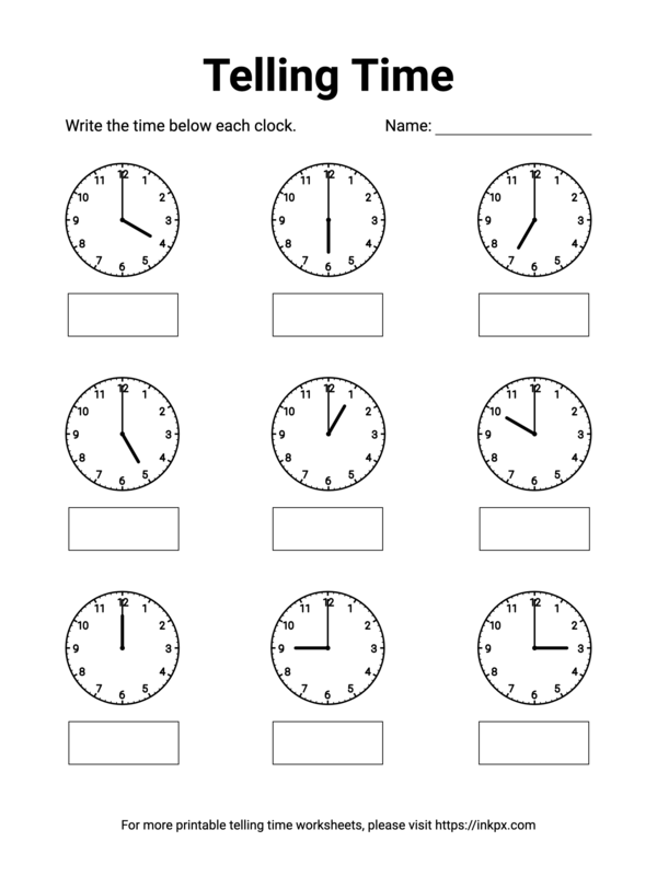 Free Printable Whole Hours Telling Time Worksheet #4