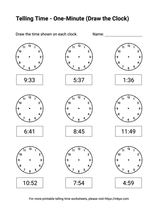 Free Printable One-Minute (Draw the Clock) Telling Time Worksheets #7