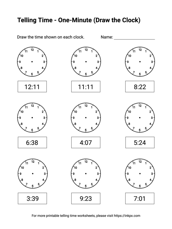 Free Printable One-Minute (Draw the Clock) Telling Time Worksheets #5