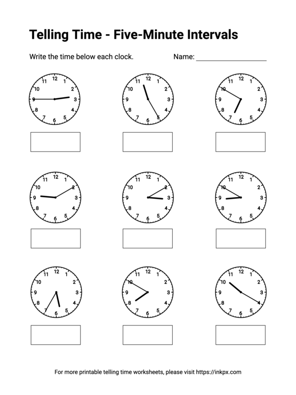 Free Printable Five-Minute Intervals Telling Time Worksheets #5