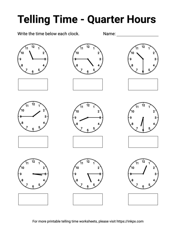 Free Printable Quarter Hours Telling Time Worksheet #1