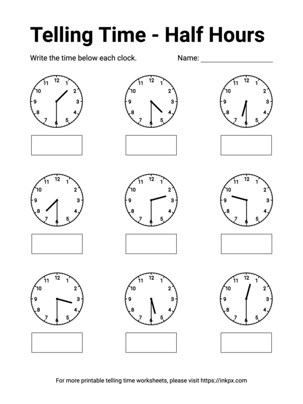 Free Printable Half Hours Telling Time Worksheet #1