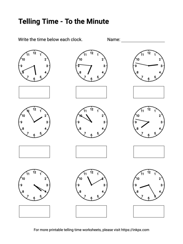 Free Printable To the Minute Telling Time Worksheets #9