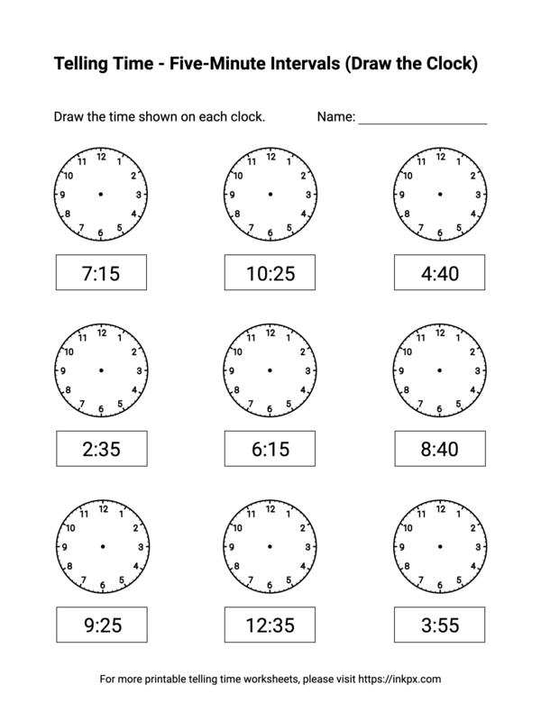 Free Printable Five-Minute Intervals (Draw the Clock) Telling Time Worksheets #5