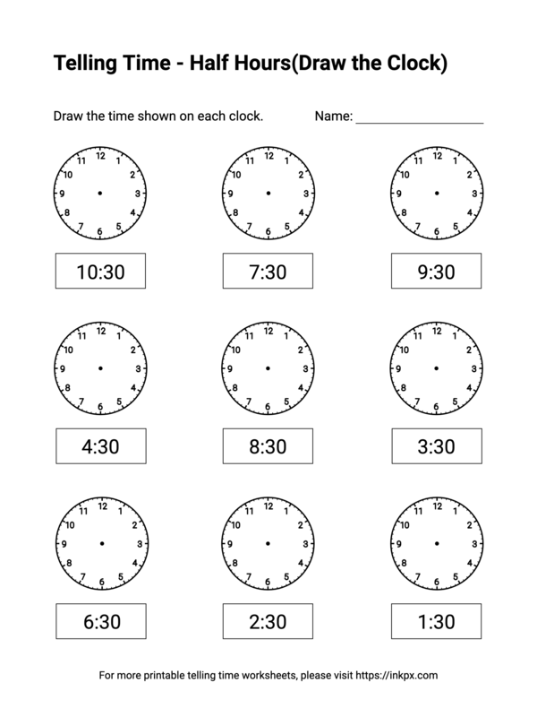 Free Printable Half Hours(Draw the Clock) Telling Time Worksheets #4